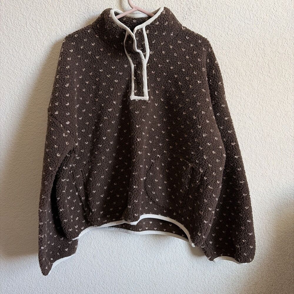 Wishlist Sherpa Countryside Fleece Sweater Heart Wide Sleeve 1/4 Snap Front L